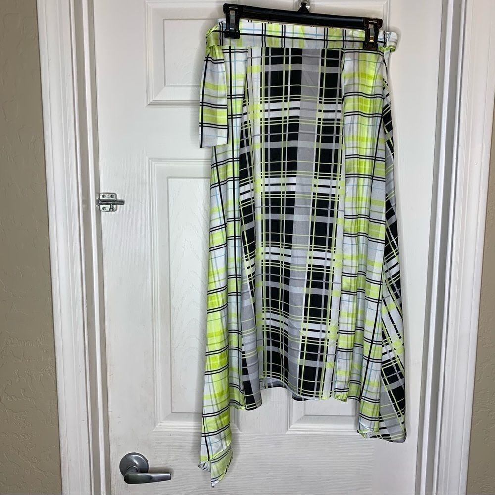 Topshop Midi Plaid Asymmetrical Skirt Neon Size 4